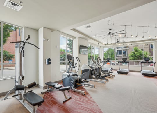 a gym with a row of exercise machines and windows