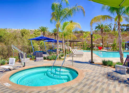 Circular spa with handrail and blue umbrellas at Casa Mira View Apartments, San Diego, CA