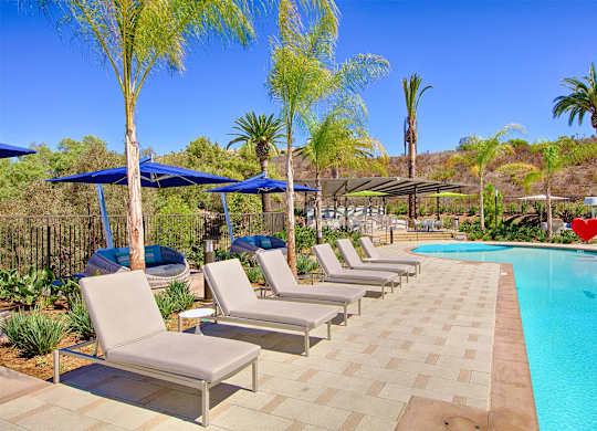 Poolside lounge chairs with blue umbrellas and palms at Casa Mira View Apartments, San Diego, 92126
