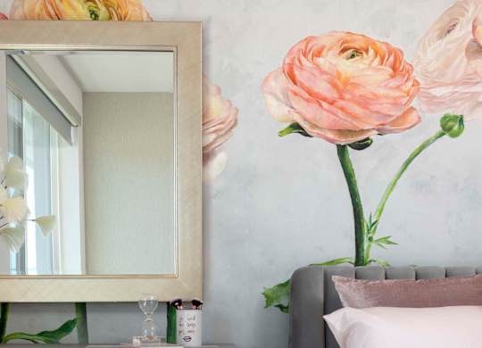 Bedroom vanity with mirror and white fur stool at Elements Apartments, Irvine, CA 92612