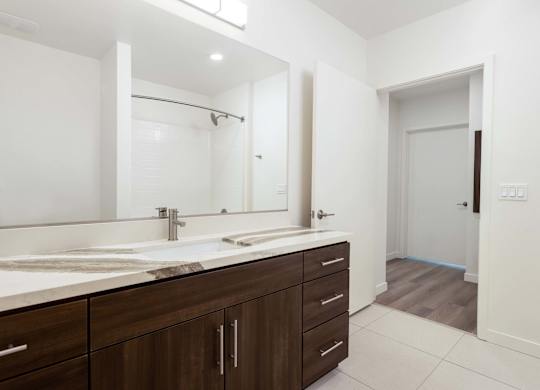 Bathroom with marble countertop and walk-in closet view at Elements Apartments, California, 92612