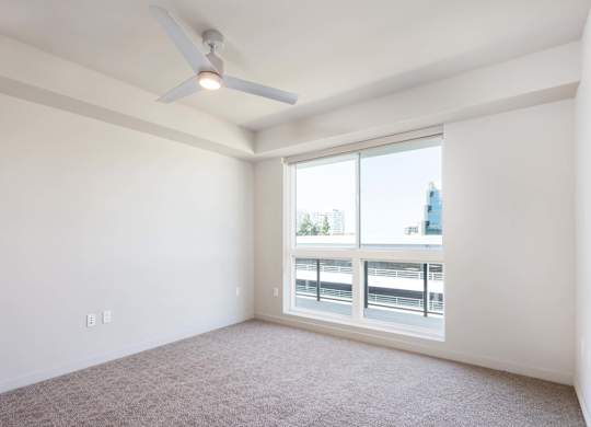 Empty bedroom with carpet and tray ceiling at Elements Apartments, Irvine