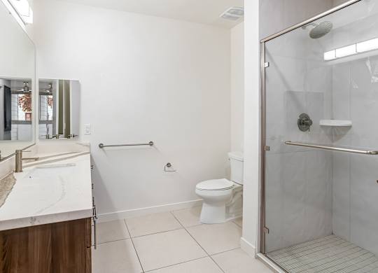 Accessible bathroom with grab bars and roll in shower at Elements Apartments, Irvine, CA