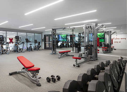 Fitness center with cardio and weight equipment at LUX by Garden* Apartments, California, 92122