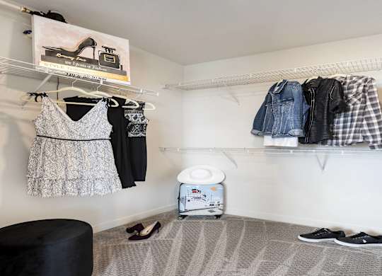Walk-in closet with wire shelving system at LUX by Garden* Apartments, San Diego
