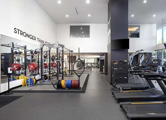 Fitness center with weight racks and cardio equipment at LUX by Garden* Apartments, San Diego, 92122