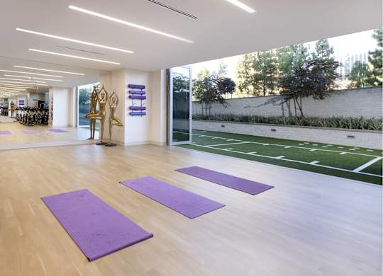 Yoga studio with mats and turf area at LUX by Garden* Apartments, San Diego, CA 92122