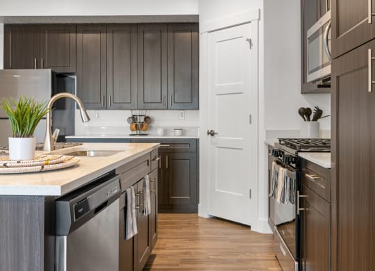 a kitchen with gray cabinets and a white door