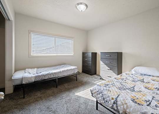 A bedroom with two beds and a dresser.