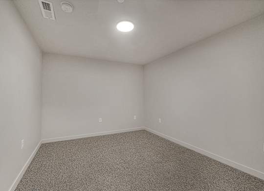 A room with a carpeted floor and a ceiling light.