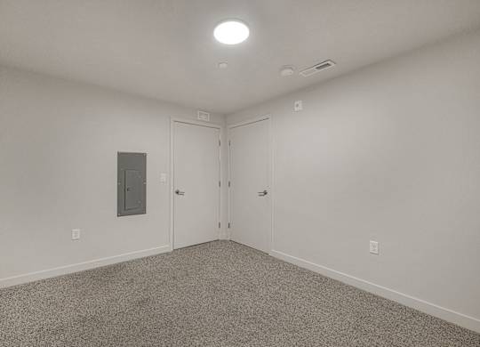A room with a carpeted floor and a ceiling light.