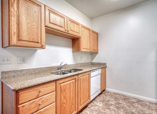 a kitchen with wooden cabinets and a white dishwasher