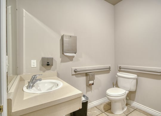 a bathroom with a sink toilet and mirror