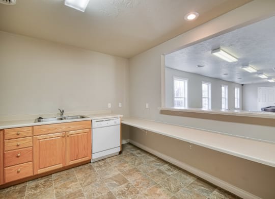a kitchen with a sink and a mirror