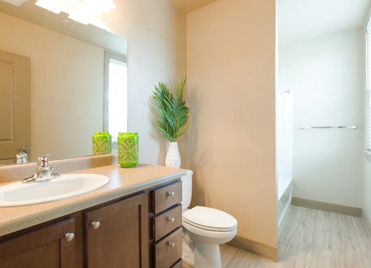 a bathroom with a toilet and a sink and a mirror at Sugar House Apartments By Urbana, Salt Lake City, UT, 84105
