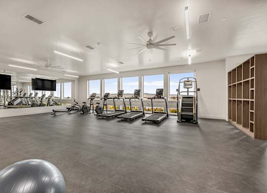 A spacious gym with treadmills, elliptical machines, and a fan.