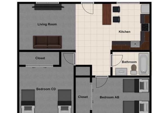 A floor plan of a house with a living room, kitchen, two bedrooms and two closets.