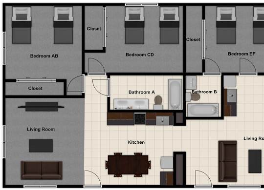 A floor plan of an apartment with three bedrooms, two living rooms, a kitchen, and two bathrooms.