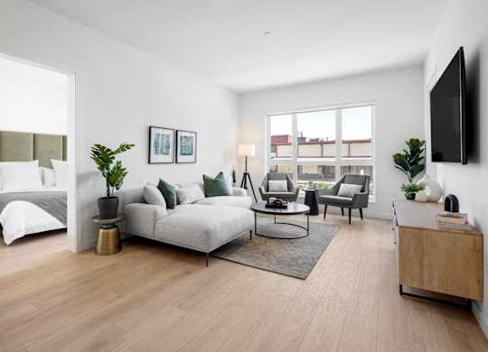 A modern living room with a grey sofa, a coffee table, and a television on the wall.