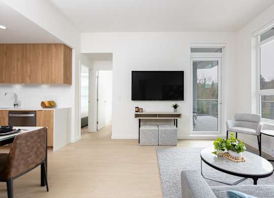 A modern living room with a flat screen TV and a grey sofa.