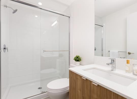 A white toilet sits next to a walk-in shower in a modern bathroom.