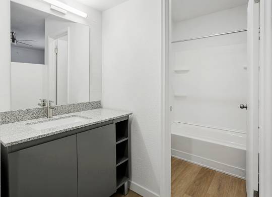 A bathroom with a sink and a mirror.