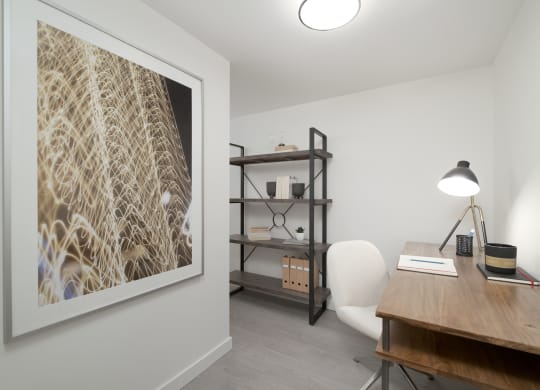 a home office with a large picture on the wall and a wooden desk