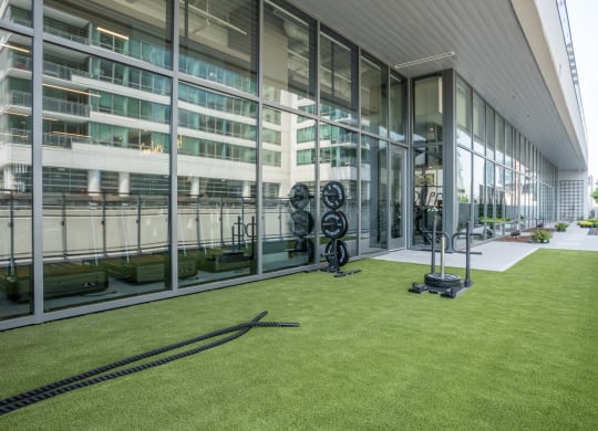 an indoor grassy area with weights and a hose in front of a glass walled building