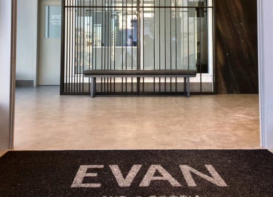 a view of the entrance to the evan and building from