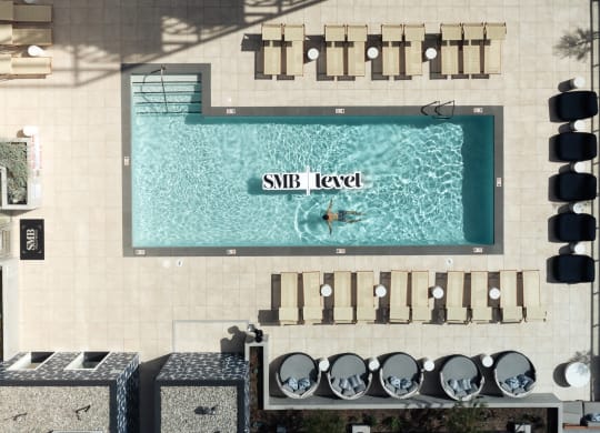 an aerial view of a swimming pool