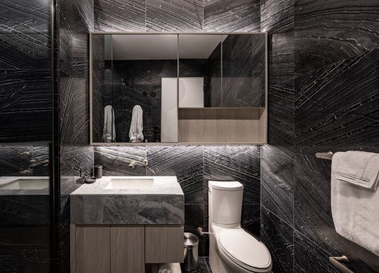 a bathroom with black and white tiles and a large mirror