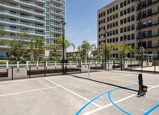 A tennis court with a blue line in the middle and a black net.
