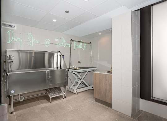A dog spa at a Fullerton Bank is shown in the image.