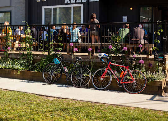 Two bikes are parked on a sidewalk next to a flower bed.