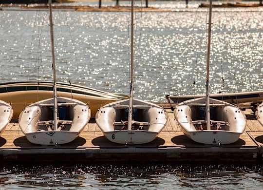 A row of sailboats are docked at a pier.