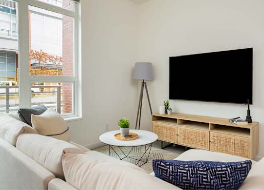 A living room with a white couch, a black screen, and a small table with a plant on it.
