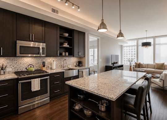 A modern kitchen with dark wood cabinets and a granite countertop.