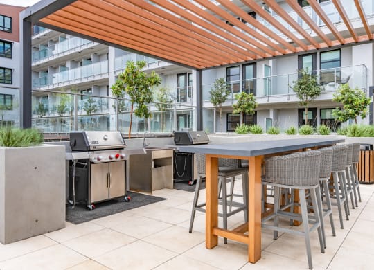 a communal patio with tables and chairs and barbecue grills