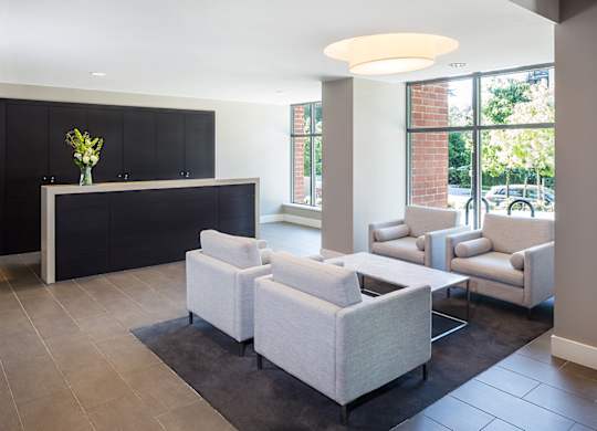 A black and white reception area with a flower vase on the counter.