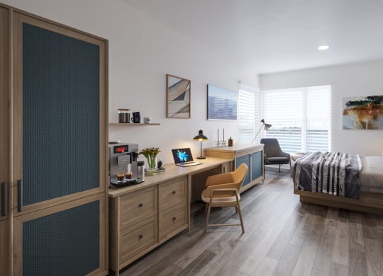 a bedroom with a bed and a desk in a room at Marina Square, Bremerton, WA, 98337
