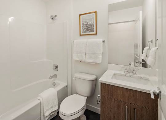 A white bathroom with a toilet, sink, and a picture on the wall. at The Narrows at Clare Apartments , Bremerton, 98310