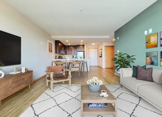 a living room with a couch and a table at Spyglass Hill Apartments, Bremerton, 98337
