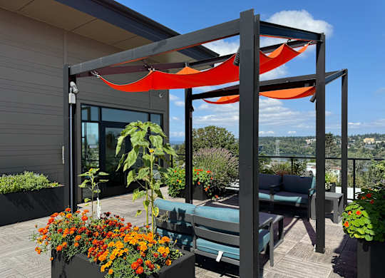 a canopy on a roof terrace with a view of the city at Spyglass Hill Apartments, Washington