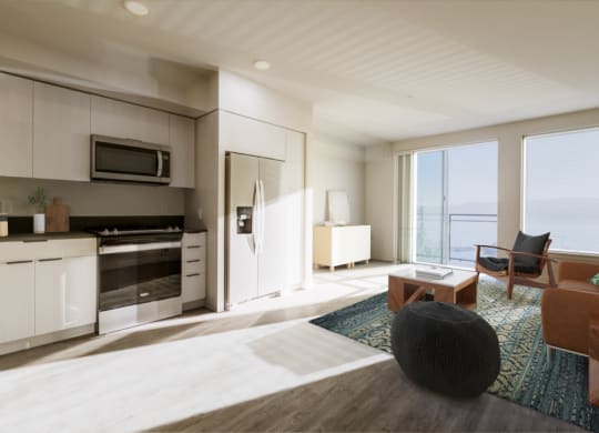 a rendering of a hotel room with a kitchen and living room