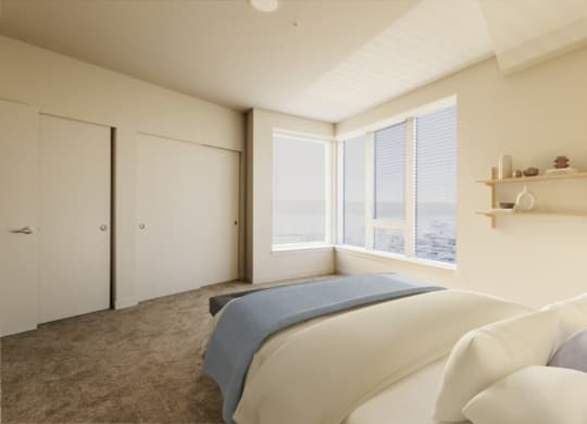 a bedroom with a large bed and a large window at Marina Square, Bremerton, WA, 98337