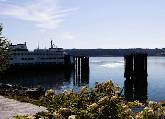 A large white boat is docked at a pier.