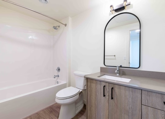 a bathroom with a toilet sink and a mirror at Rivulet, Silverdale, WA