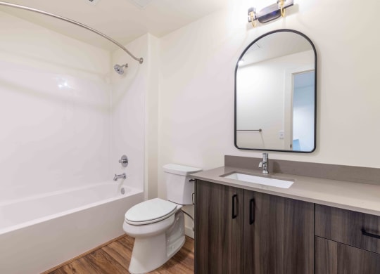 a bathroom with a toilet sink and a mirror at Rivulet, Washington