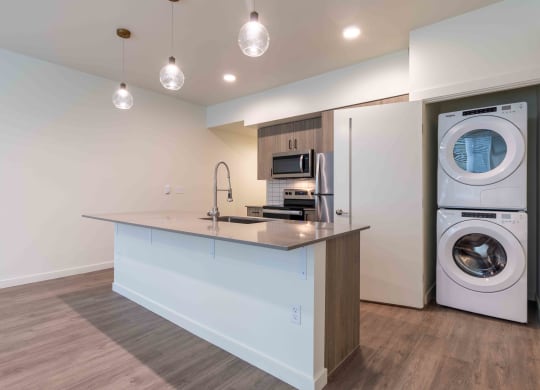 a washer and dryer in a kitchen with a counter and a washing machine at Rivulet, Silverdale