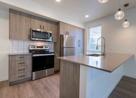 a kitchen with stainless steel appliances and a counter top at Rivulet, Silverdale, 98383